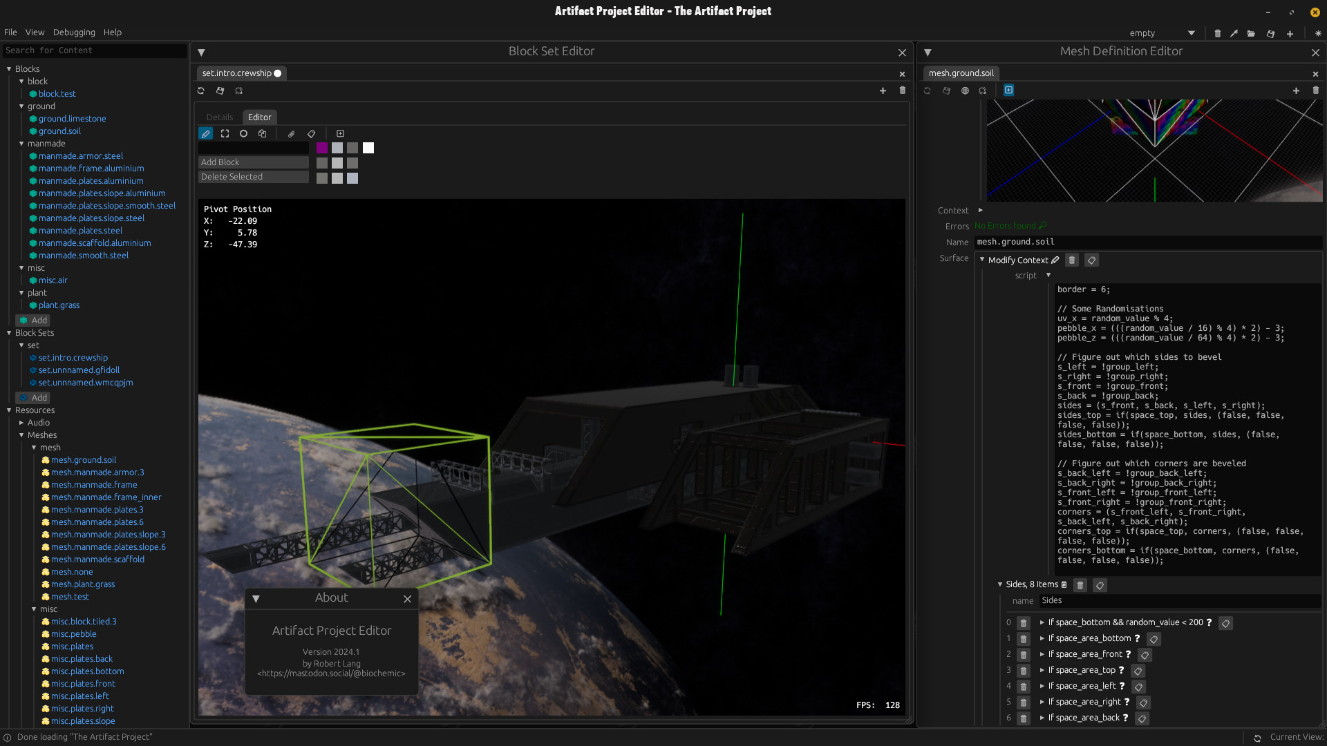 A Screenshot of the Artifact Project Editor, having open a Spaceship Block Set.