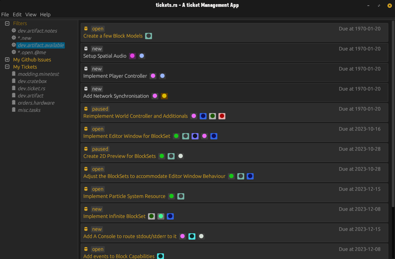 A Screenshot of Tickets.rs, a TODO and Ticket Management Tool.